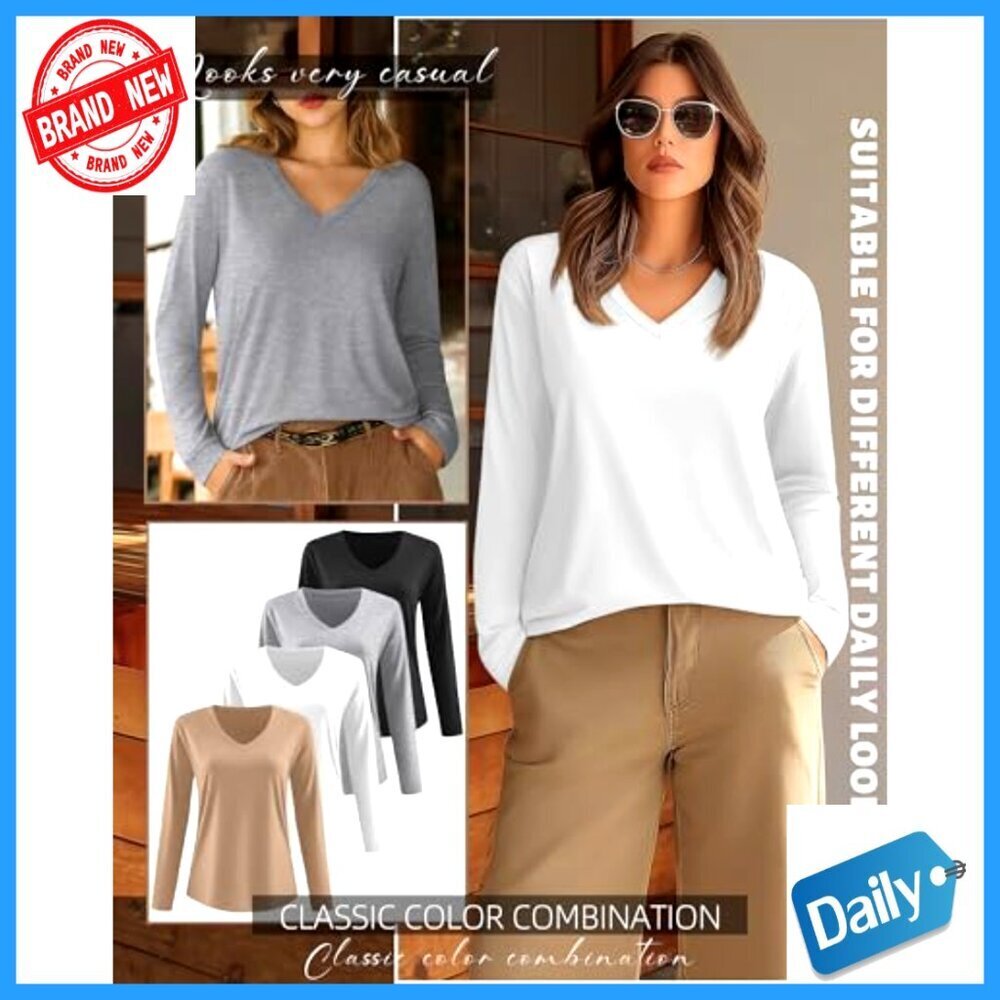 Plus Size Long Sleeve V-Neck Tunic Tops 4-Pack Loose Fit Basic Tees - Picture 4 of 7